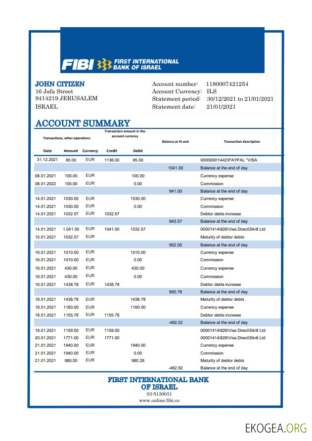 Modèle de relevé bancaire de la première banque internationale d'Israël d'Israël facile à remplir au format Excel et PDF